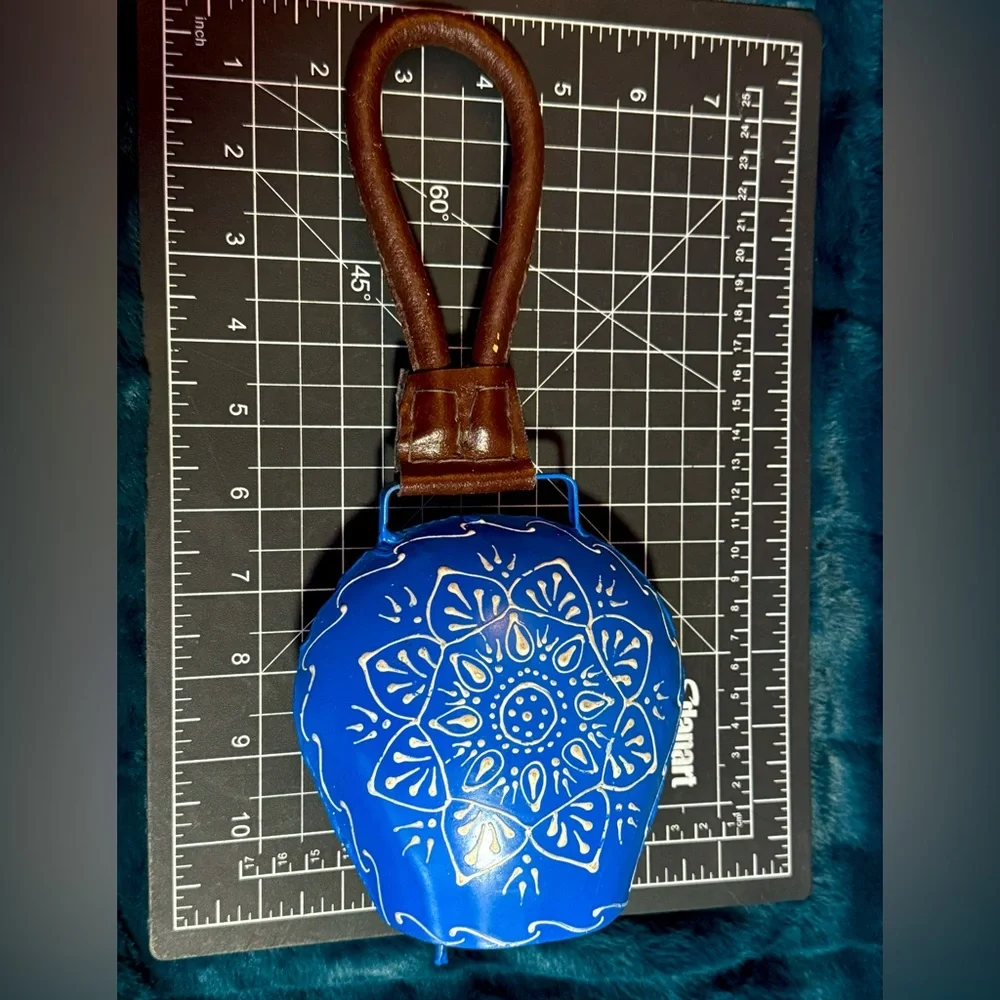 Hand Painted Blue Metal Bell Leather Handle Folk Art Rustic Cottagecore Decor